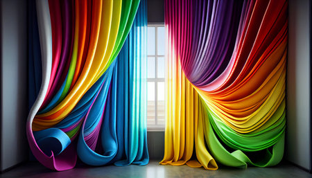 Rainbow Curtain interior decoration in living room with sunlight. Ai generative.の素材