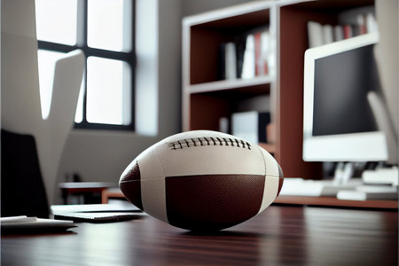 Leather American football ball on table in modern white office. Big boys toys, hobby. Ai generativeの素材