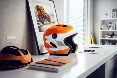 Orange with white and pastel orange stripes motorcycle helmet with opened visor in modern office. Ai generative.の素材