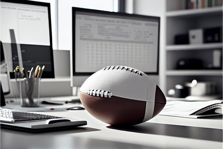 Leather American football ball on table in modern white office. Big boys toys, hobby. Ai generativeの素材