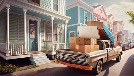 Moving truck is parked on the side of a building loading or unloading cartons. Ai generativeの素材