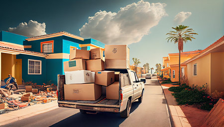 Moving truck is parked on the side of a building loading or unloading cartons. Ai generativeの素材