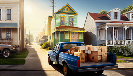 Moving truck is parked on the side of a building loading or unloading cartons. Ai generativeの素材