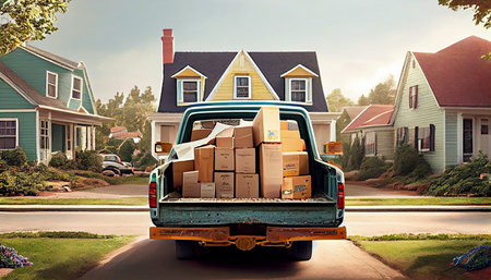 Moving truck is parked on the side of a building loading or unloading cartons. Ai generativeの素材