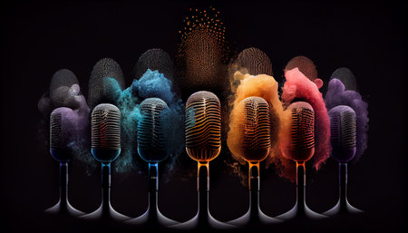Group of Professional studio microphone vibrating, modern sound recording studio. Bouncing mic on black background. Ai generativeの素材