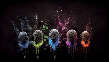 Group of Professional studio microphone vibrating, modern sound recording studio. Bouncing mic on black background. Ai generativeの素材