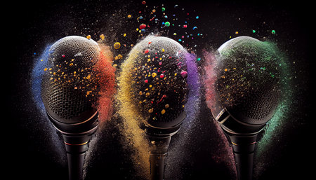 Group of Professional studio microphone vibrating, modern sound recording studio. Bouncing mic on black background. Ai generativeの素材