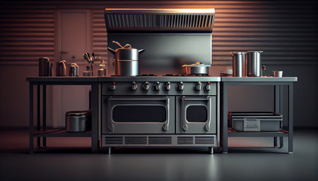Professional kitchen, view counter in stainless steel. Ai generativeの素材
