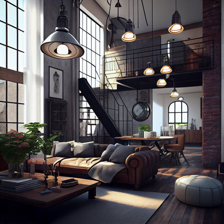 Loft style light bulbs lamp in loft interior. Warm light in cozy room. Ai generativeの写真素材