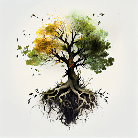 Bonsai Tree and its roots isolated on white. Ai generativeの素材