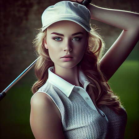 Professional female golfer holding golf club on field and looking away. Young woman standing on golf course on a sunny day. Ai generativeの素材