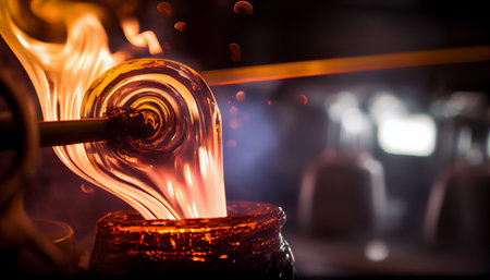 Glass blower forming beautiful piece of glass. A glass crafter is burning and blowing an art piece. Ai generativeの素材