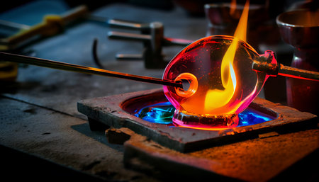 Glass blower forming beautiful piece of glass. A glass crafter is burning and blowing an art piece. Ai generativeの素材