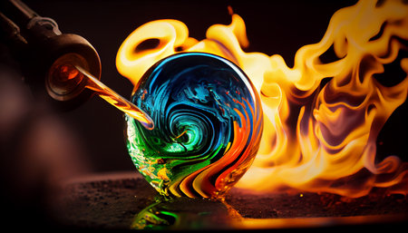 Glass blower forming beautiful piece of glass. A glass crafter is burning and blowing an art piece. Ai generativeの素材