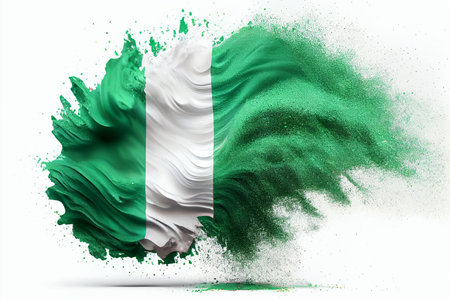 Nigerian flag powder explosion on white background. The concept of victory, speed, exit from the crisis. Ai generativeの素材