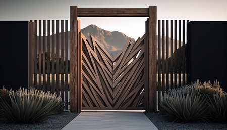 Gateway visualisation Background. Countryside wooden gates. Ai generativeの素材
