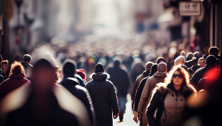 Blurred crowd of unrecognizable at the street. Ai generativeの素材