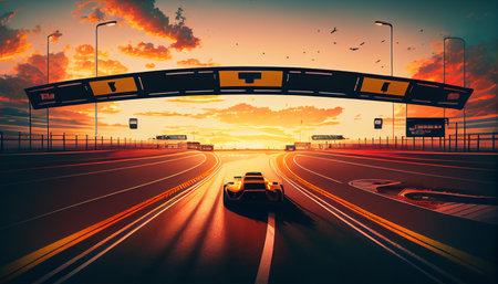 Panoramic view of empty abstract race Ring on sun down time. Ai generative.の素材