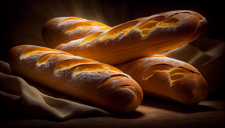 Freshly baked baguette on great background, ai generativeの素材