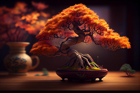 Japanese red bonsai tree art display on the black wooden table with grey wall decoration in luxury hotel room. Generative aiの素材