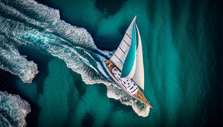 Sailboat in the sea in the evening sunlight over beautiful big mountains background, luxury summer adventure, active vacation in Mediterranean sea. Ai generativeの素材