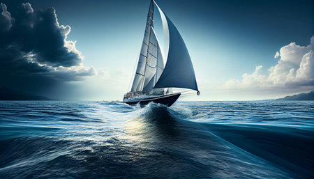 Sailboat in the sea in the evening sunlight over beautiful big mountains background, luxury summer adventure, active vacation in Mediterranean sea. Ai generativeの素材