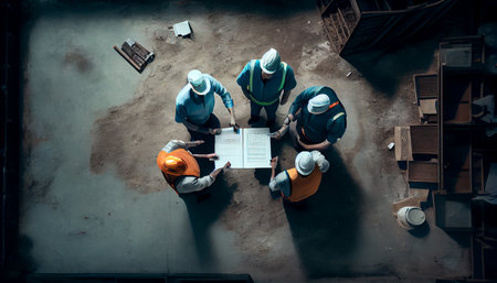 Top view of group of engineering team is meeting and planning construction work, Architects looking blueprint at construction site, overhead view, Concept for team work. Ai generativeの素材