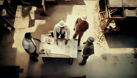 Top view of group of engineering team is meeting and planning construction work, Architects looking blueprint at construction site, overhead view, Concept for team work. Ai generativeの素材