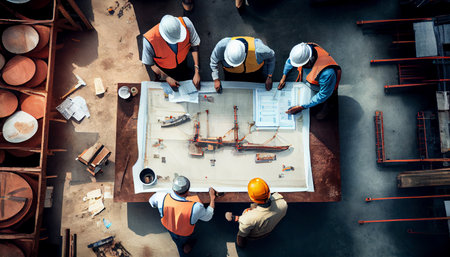 Top view of group of engineering team is meeting and planning construction work, Architects looking blueprint at construction site, overhead view, Concept for team work. Ai generativeの素材