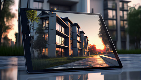Project of modern residental building visualization using augmented reality tools. Designing and presenting with tablet computer. Ai generativeの素材
