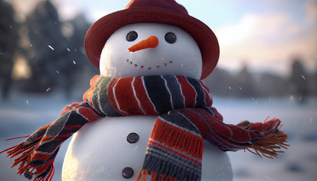 Merry christmas and happy new year greeting card with copy-space.Happy snowman standing in christmas landscape.Snow background.Winter fairytale.の素材