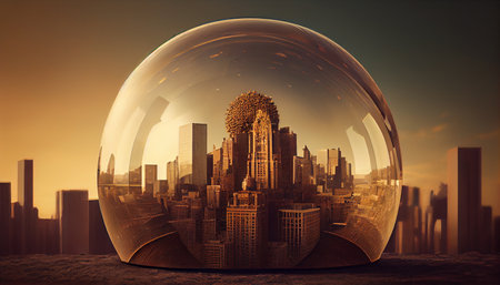 Modern building and skyscrapers view with dome protection on the city. Ai generativeの素材
