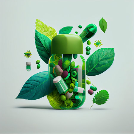 Herbal pills in glass bottle and magnifying glass near potted plant on white background. alternative medicine and healthy lifestyle concept. ai generativeの素材