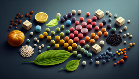 Creative layout of colorful pills and capsules. Minimal medical concept. Pharmaceutical. Flat lay, top view. Ai generative.の素材