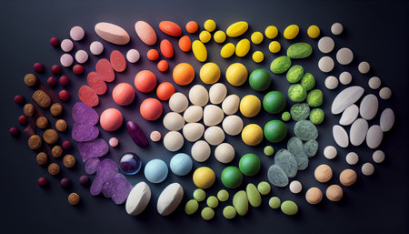Creative layout of colorful pills and capsules. Minimal medical concept. Pharmaceutical. Flat lay, top view. Ai generative.の素材