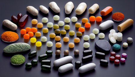 Creative layout of colorful pills and capsules. Minimal medical concept. Pharmaceutical. Flat lay, top view. Ai generative.の素材