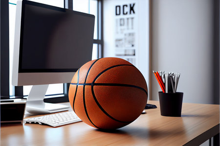Basketball ball on table in modern white office. Big boys toys, hobby. Ai generativeの素材