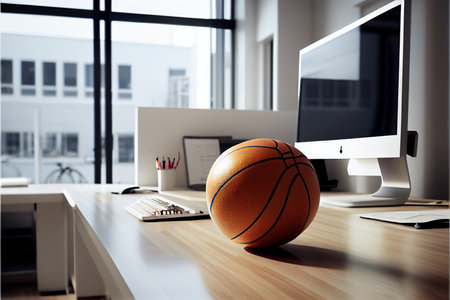Basketball ball on table in modern white office. Big boys toys, hobby. Ai generativeの素材