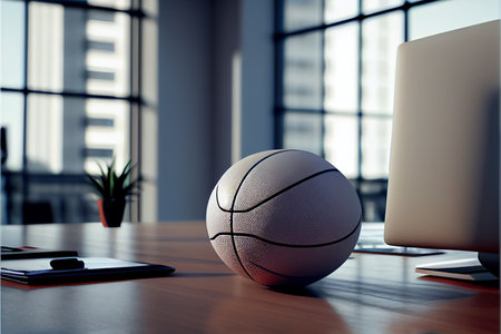 Basketball ball on table in modern white office. Big boys toys, hobby. Ai generativeの素材
