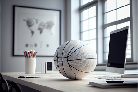 Basketball ball on table in modern white office. Big boys toys, hobby. Ai generativeの素材