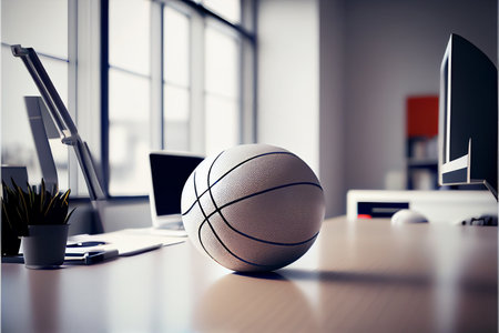 Basketball ball on table in modern white office. Big boys toys, hobby. Ai generativeの素材