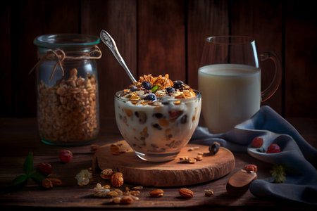 Granola with yoghurt and fresh blueberries in glass. Dessert parfait with berries for breakfast. Ai generativeの素材