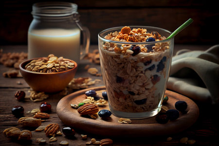 Granola with yoghurt and fresh blueberries in glass. Dessert parfait with berries for breakfast. Ai generativeの素材