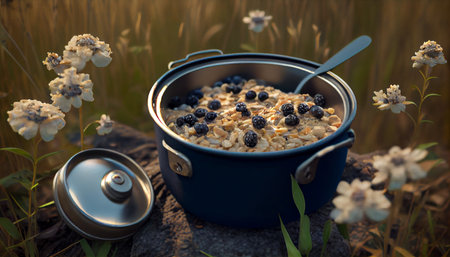 Oatmeal porridge with blueberries outdoors, Healthy breakfast food. Ai generativeの素材