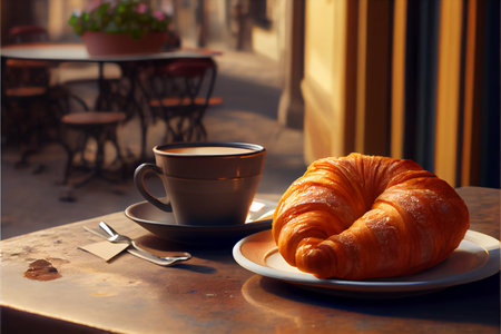 Early Morning Cappuccino at Sunrise along Traditional Italian Street. Ai generativeの素材