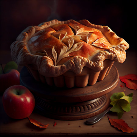 apple pie with fresh fruits on a wooden table. Ai generativeの素材