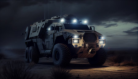 Armored SUV in mountains with led bar on roof at night. Ai generativeの素材