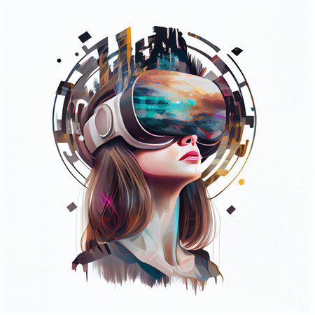 Metaverse Digital Virtual Reality Technology of a woman with glasses and a headset VR connected to the virtual space. Ai generativeの素材