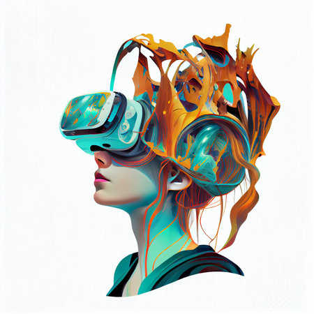 Metaverse digital cyber world technology, woman with glasses and a headset VR connected to the virtual space. low poly lifestyle. Generative ai.の素材