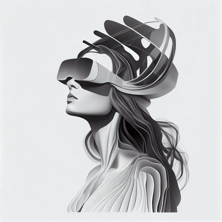 Metaverse digital cyber world technology, woman with glasses and a headset VR connected to the virtual space. low poly lifestyle. Generative ai.の素材
